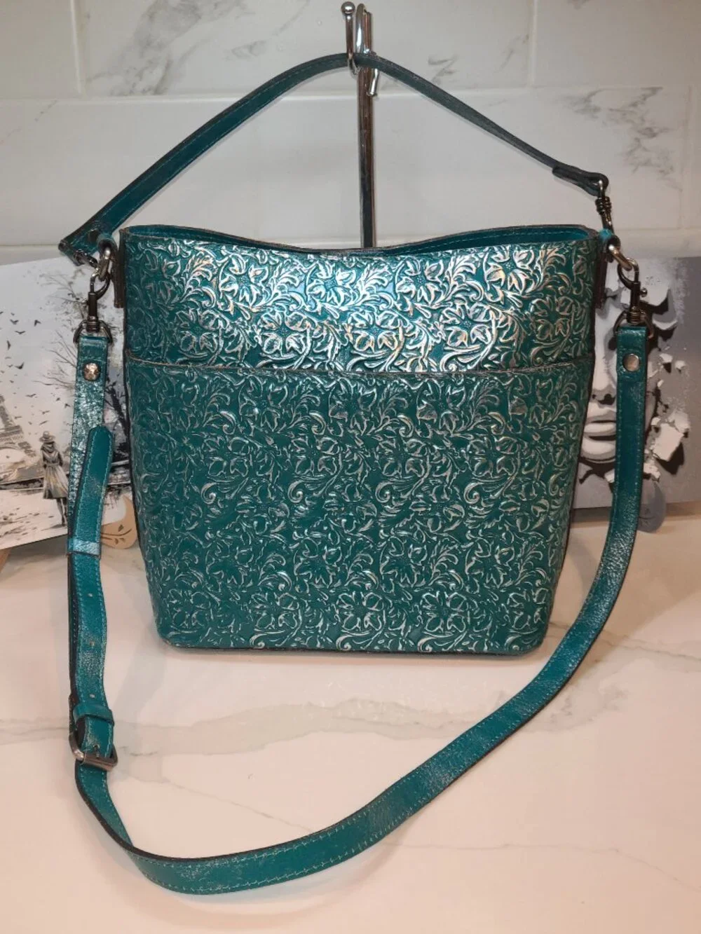Patricia Nash Harper Tote Crossbody Teal Silver Metallic Floret Tooled Leather